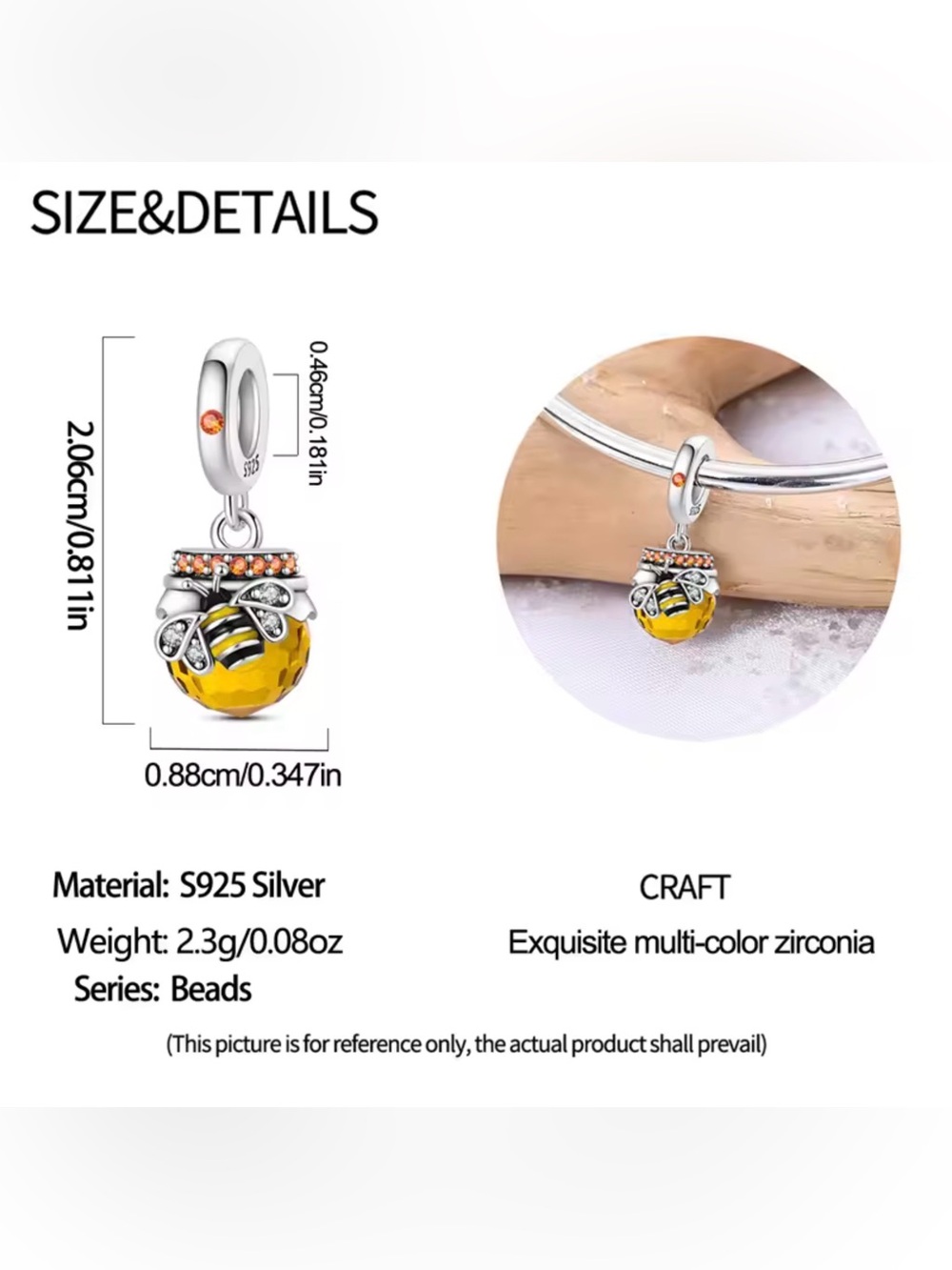 🌟🌟 S925 Sterling Silver Citrine Honeypot Dangle Charm - Picture 2 of 8